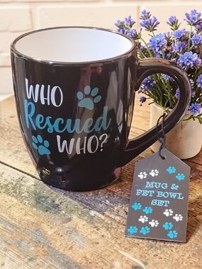 NWT "Who Rescued Who?" Black & Teal Coffee Mug with Gift Tag | Pet Lover